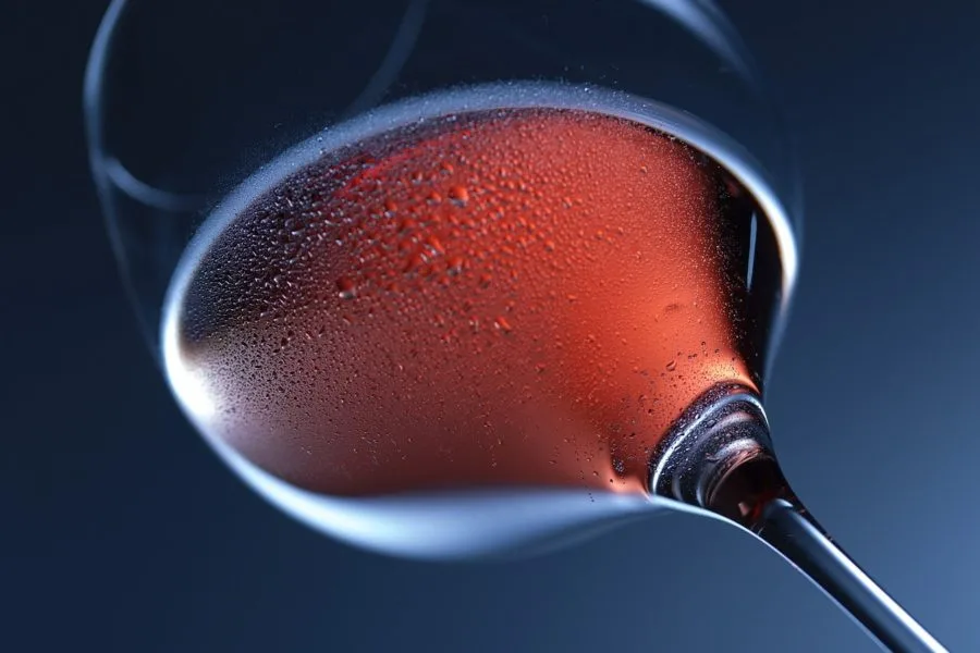 Gros plan verre de vin rosé légèrement penché.