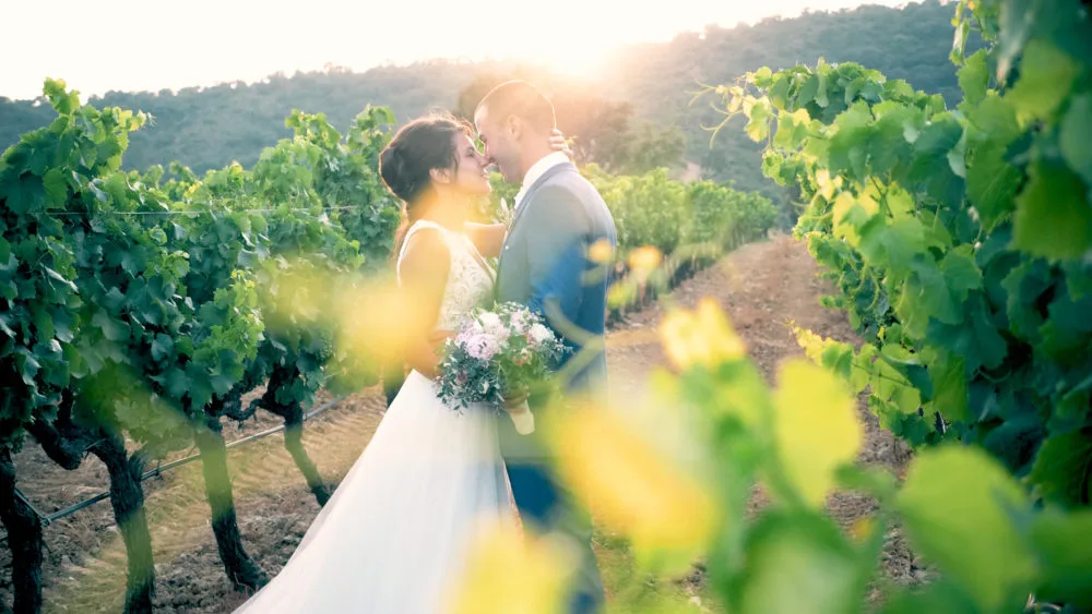 Couple de mariés s'embrassant dans les vignes au soleil couchant.
